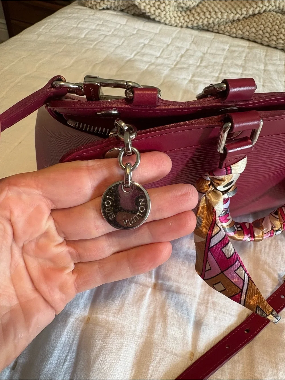 Louis Vuitton Brea MM Burgundy/Pink Epi Leather Satchel with Scarf Accent, VGUC!